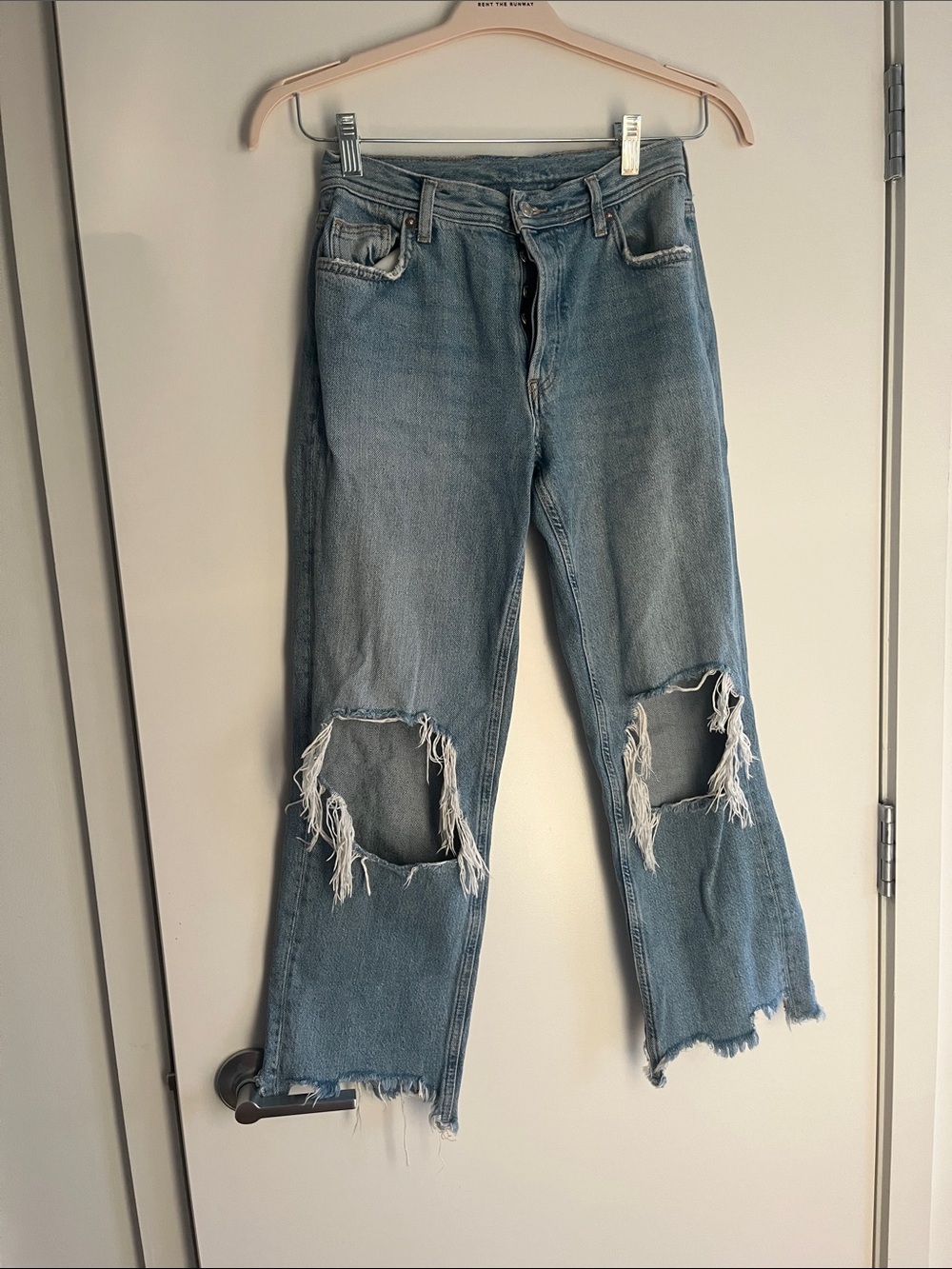 Free People Light Blue Straight Leg Ripped Knee Jeans